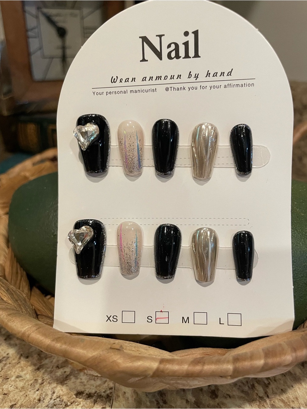 Black & Silver Press-On Nail Set with Accent Hearts - Women Accessories
